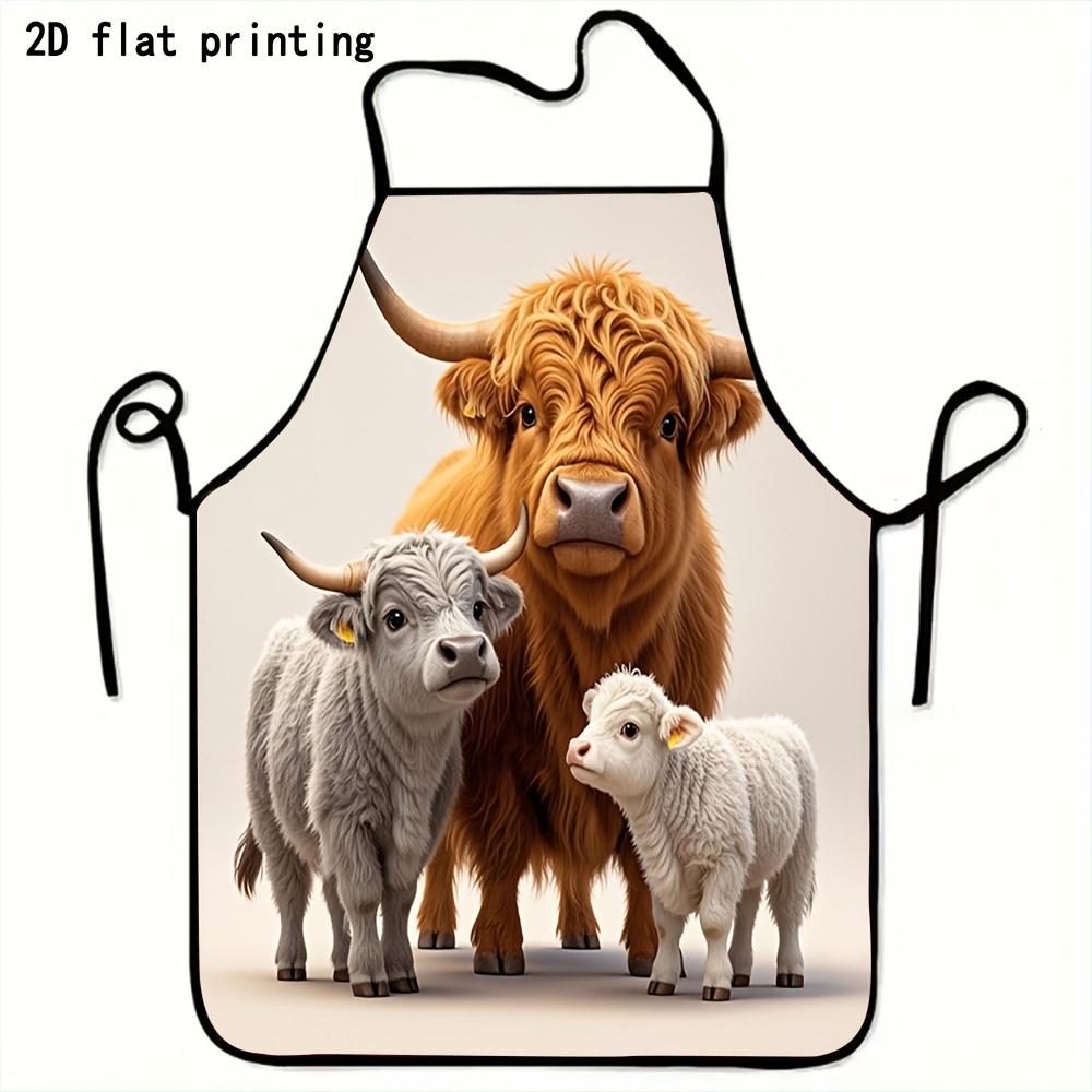 1pc Highland Cow Apron Suitable for Home Kitchen, BBQ, Picnic & Gifts - Cute Scottish Cow with Highland Cow Family Pattern, Apron for Cooking, Cleanin