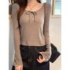 Women's Sweet & Spicy Bow Tie Lace Spliced Long Sleeve Slim Fit Top