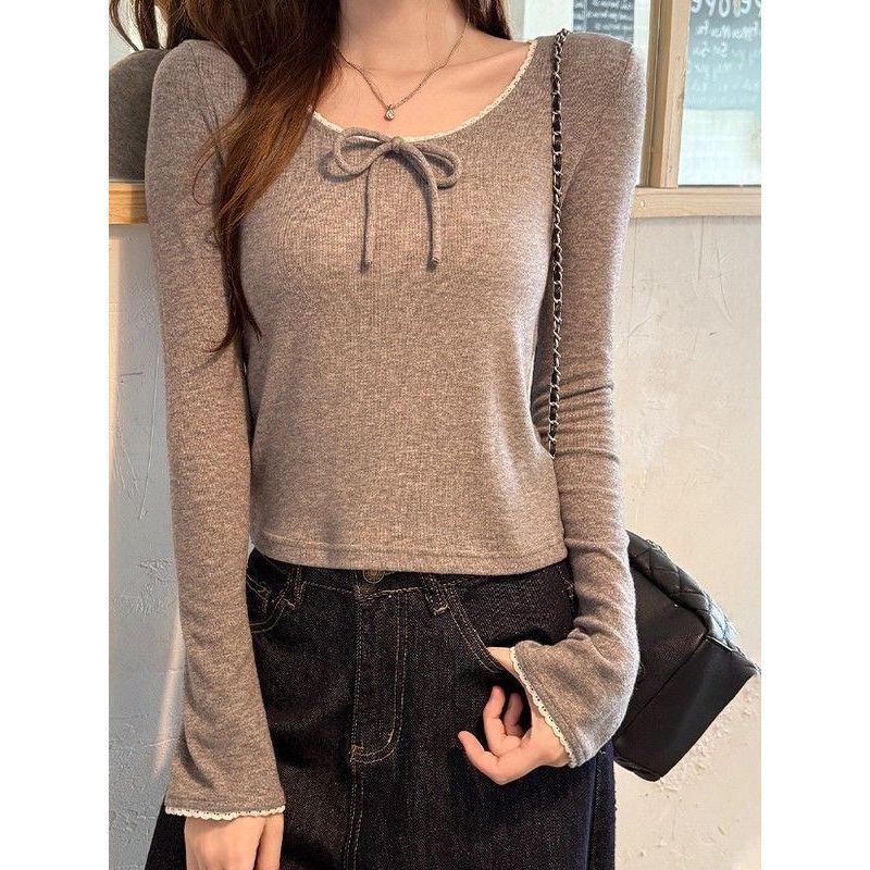 Women's Sweet & Spicy Bow Tie Lace Spliced Long Sleeve Slim Fit Top