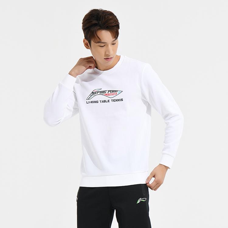 Li-Ning Ping Pong Series Solid Color Letter Logo Print Pullover Casual Crew Neck Sweatshirt Unisex Tops White AWDT281-1