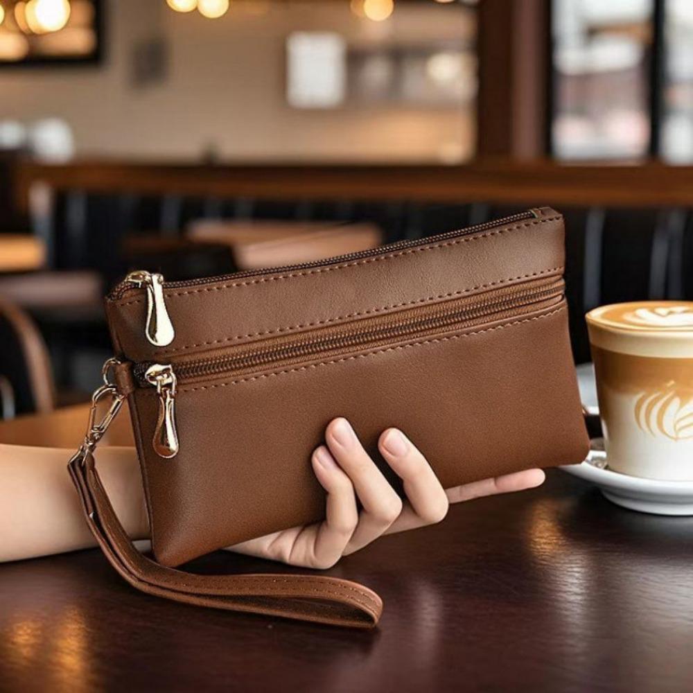 PU Leather Women's Long Wallet Soft Large Capacity Zipper Clutch Purse Multifunctional Wrist Strap Coin Purse Billfold Handbag