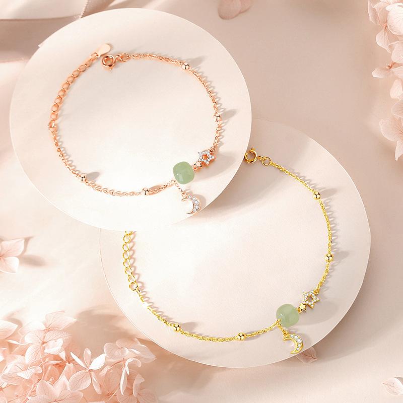 S925 Sterling Silver Star Moon Hotan Jade Bracelet Female New Chinese 14K Gold Luxury Hand String Autumn New Original
