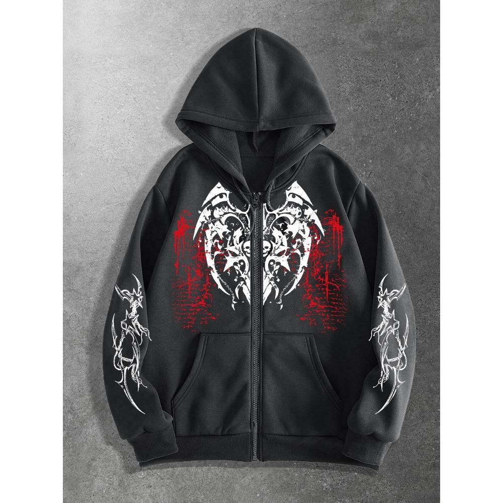 Y2K Dark Fashion Original Print Zippered Hoodie | Casual Street Style, Long Sleeve, Fiber, Regular Fit