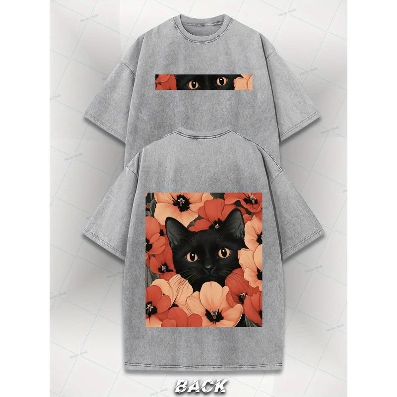 

Vintage Washed T-Shirt - Black Cat And Floral Print (Front/ Back) - Y2K Street Style - Loose Men S And Men S Top - Daily Casual Shirt - Machine Washed 5XL сірий