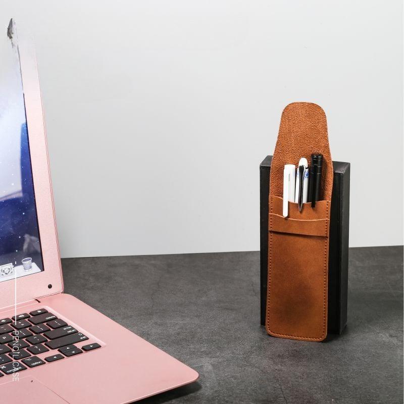 Retro Matte PU Leather Flip-top Pen Case  High-end Pen Protection Case Large-capacity Double-barrel Pen Case