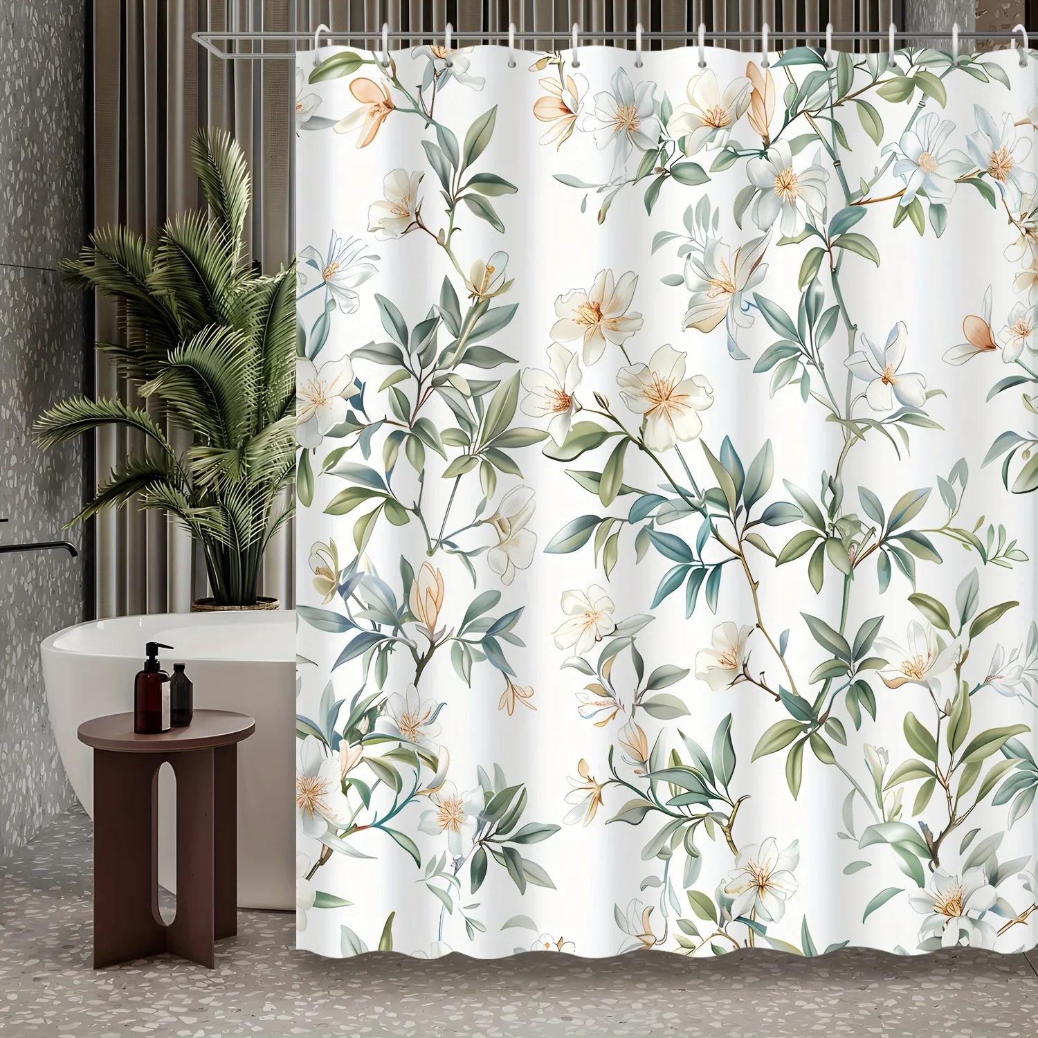 

1pcs Vintage Watercolor Chinese Style Watercolor Flower Branch Shower Curtain with Hook Shower Curtain, Bathroom Decoration 90x180cm
