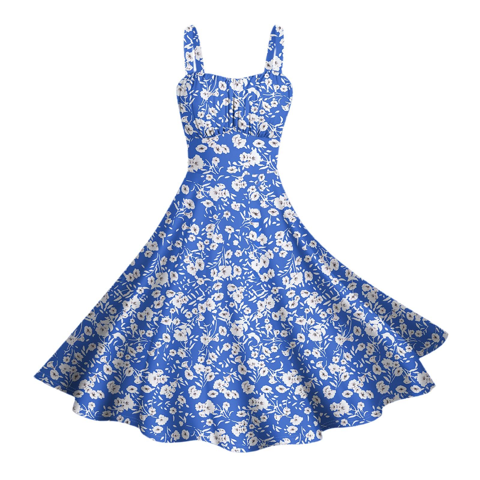 

Women s Vintage Sleeveless Pleated Patchwork Cute A-Line Hem Floral Print Dresses L синій