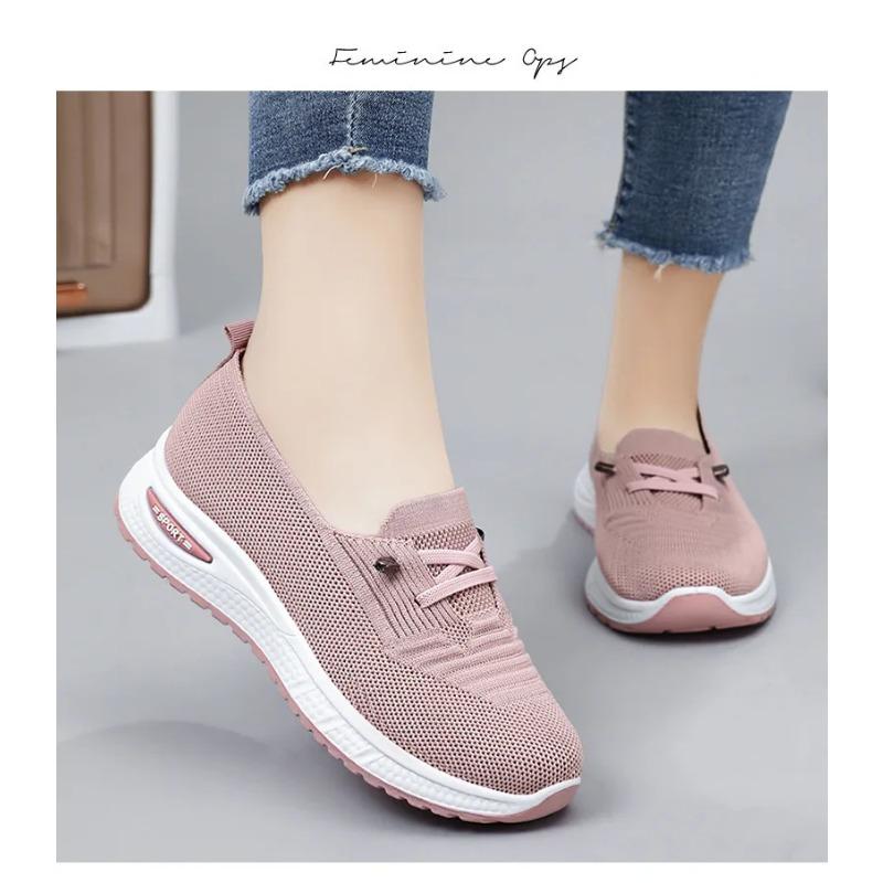 Women's Shoes New Styles Plus Size Casual Shoes Flyknit Breathable Mom Shoes Low-Cut Lightweight Flats Lace-Up Mesh Shoes