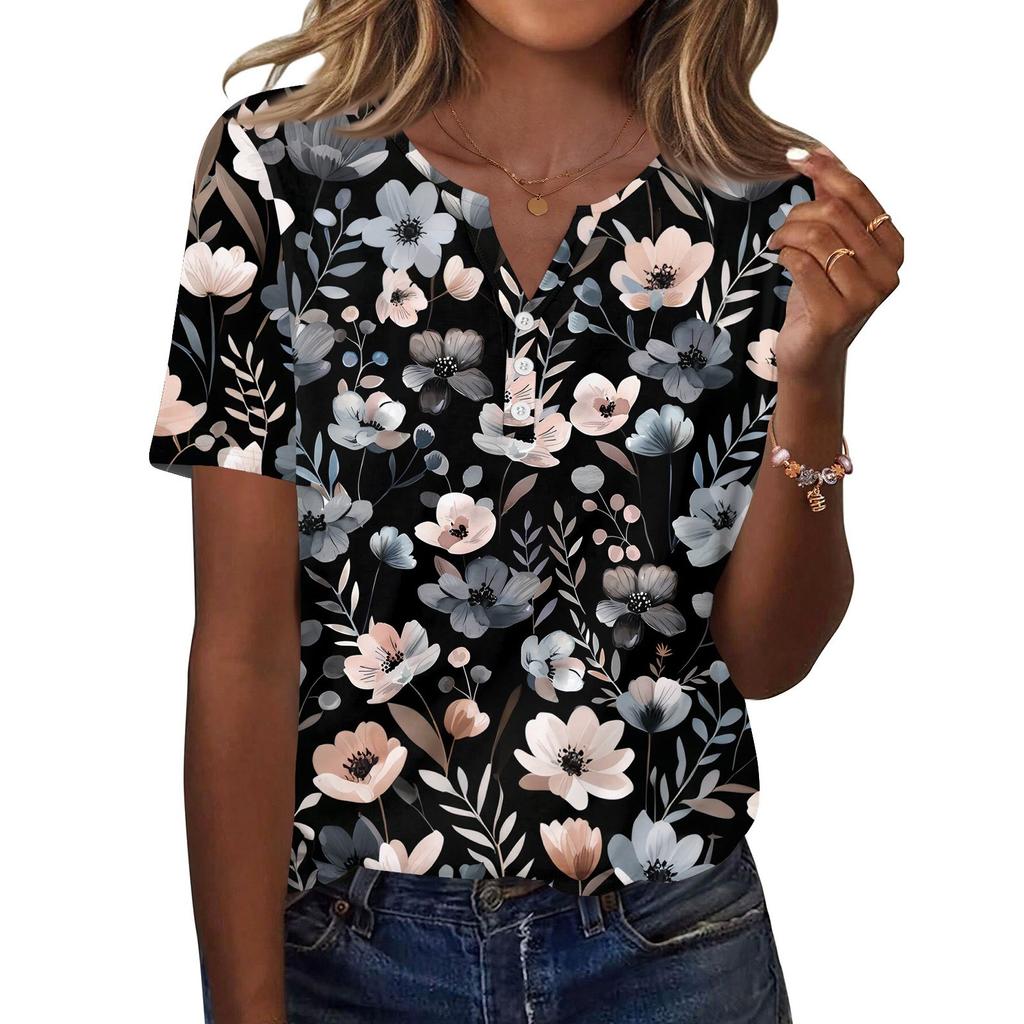 Damen T-Shirt mit Aufdruck und Knopfleiste, kurzärmelig, für den Alltag, Wochenendmode, Basic, V-Ausschnitt, normales Oberteil