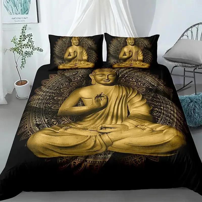 Mandala Buddha Duvet Cover Set King Size Exotic Ethnic Bohemian Bedding Set Golden Black Lotus Flowers Gorgeous Comforter Cover