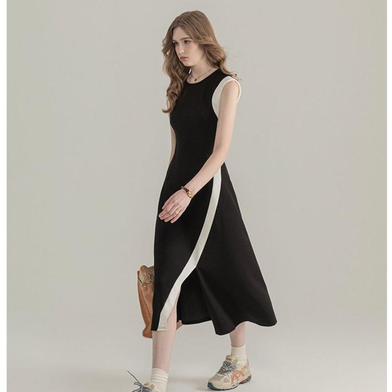 Spring Summer Women O Neck Comfortable Elegance Sleeveless Temperament High Waist A Line Simple Solid Color Long Dress