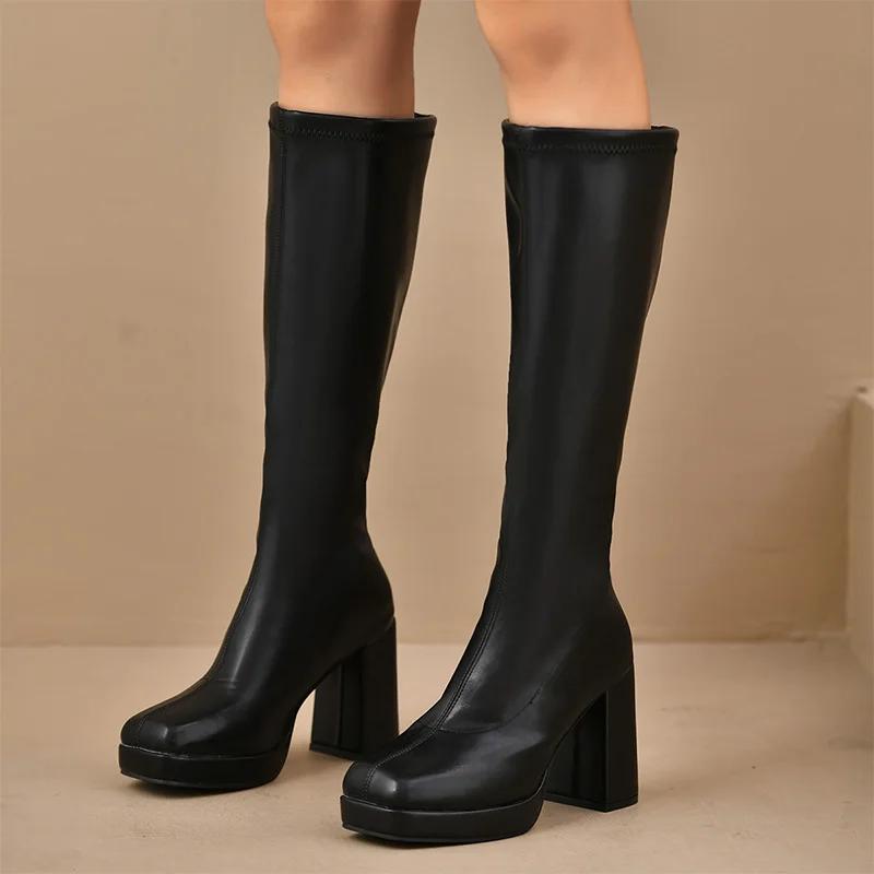 Fashion Plus Size High Heels Boots for Women Square Heeled Chunky Platform Knee-High Boots Woman 2025 Winter Thick Sole Square Toe Boots