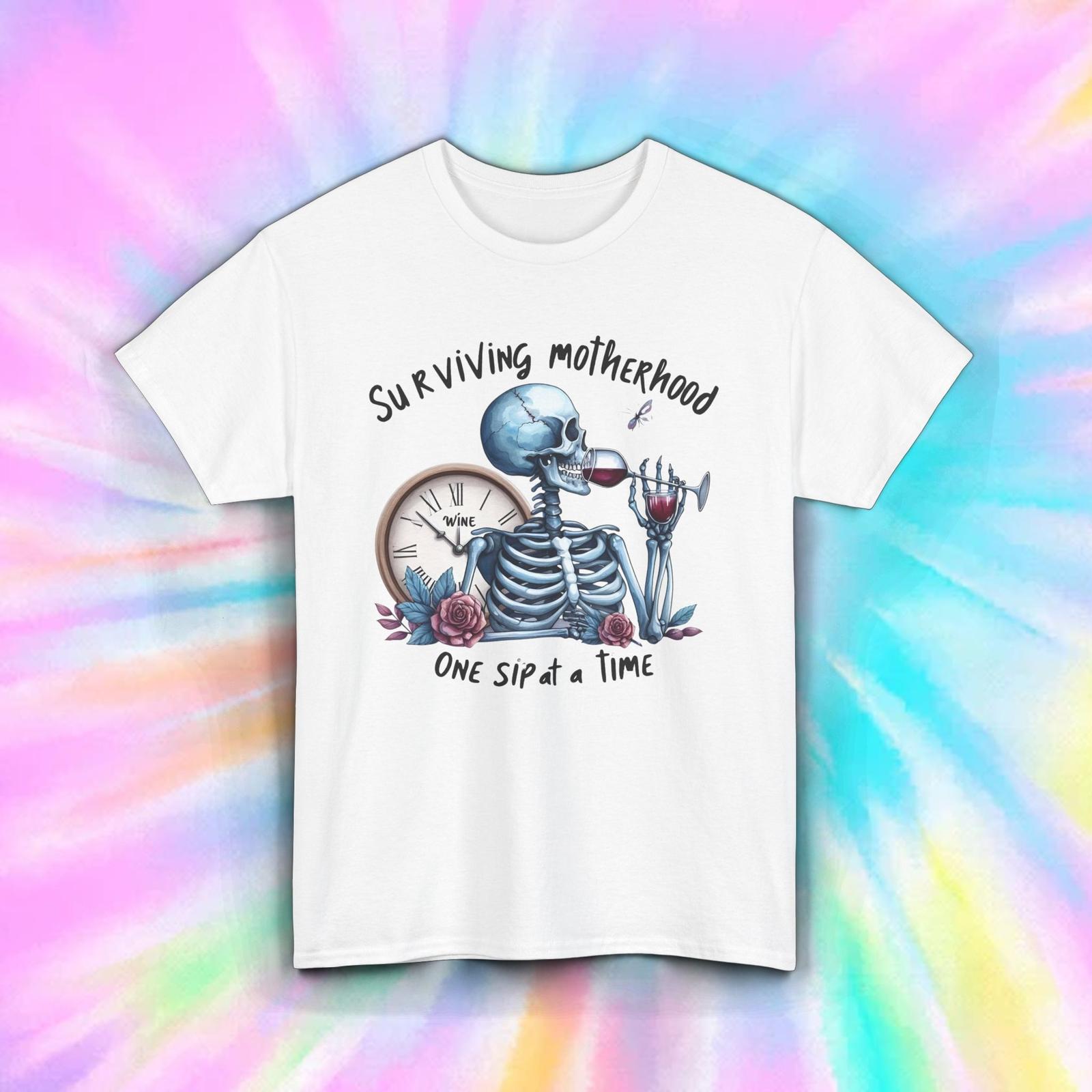 Surviving Motherhood Shirt Skeleton Wine Funny Mom Life Sarcastic Tee S-5XL XL