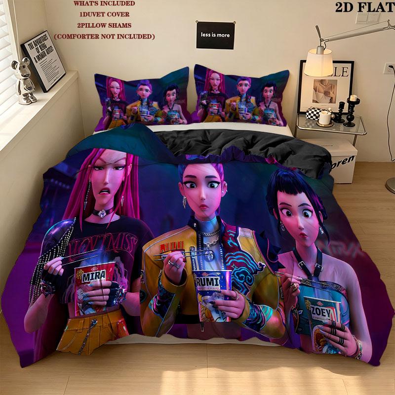 Kpop Demon Hunters Pattern Bedding Quilt Set Quilt Cover Pillowcase Home Birthday Gift(1 * duvet cover + 2 * pillowcase, without core)