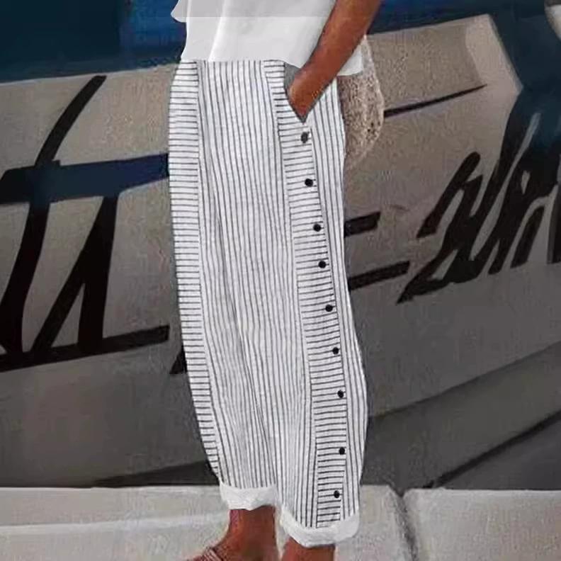 Womens Linen Pants Elastic High Waist Drawstring Wide Leg Palazzo Pants with Pockets