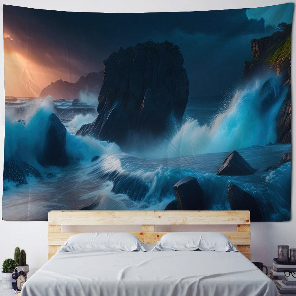 Sea Night Scene Tapestry Wall Hanging Psychedelic Hippie Decoration Background Wall Poster Living Room Home Art Decoration