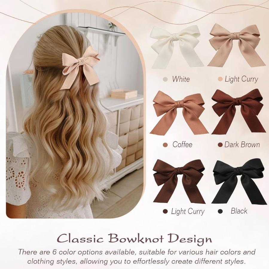 Bessrung 6pcs Small Hair Bows, Soft Satin Ribbon Bow Hair Clips for Women Teens, Non-Slip Hair Barrettes for Curly Straight Hair, Cute Bow Clips