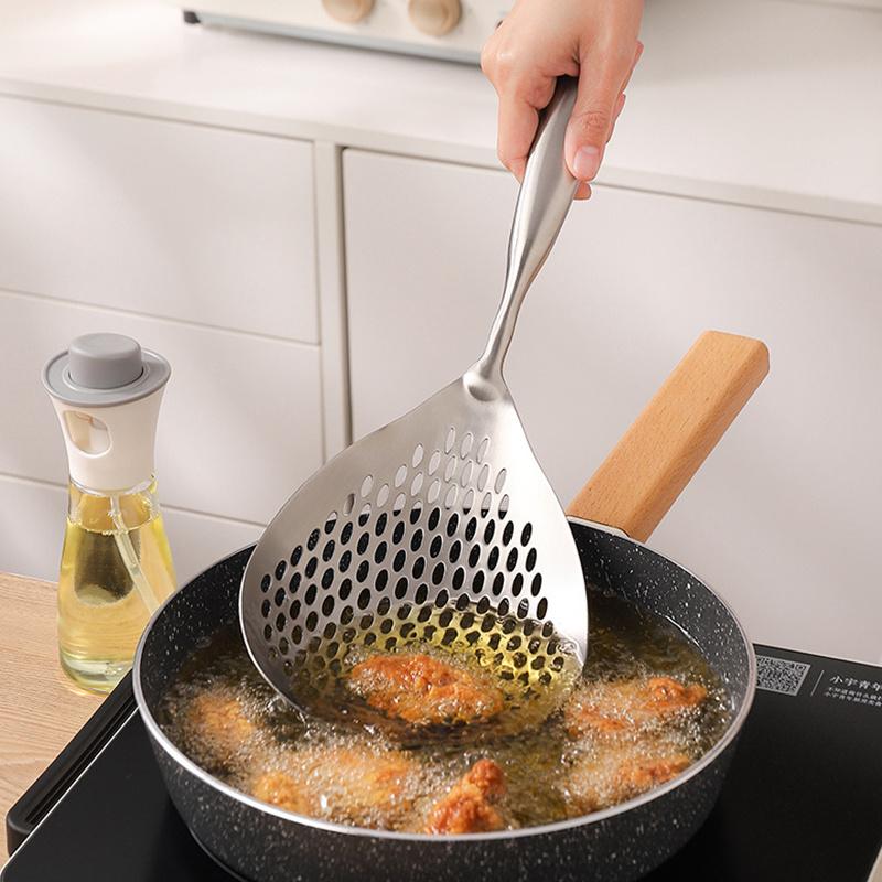 1Pcs Large Durable Stainless Steel Colander Skimmer Spoon Heavy Duty Food Strainer Spoon For Frying & Cooking Kitchen Utensils