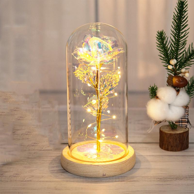 Glass  Dome  Cover  Roses  Ornaments Colorful Bendable Led Light Bar Valentine Day Creative Gift