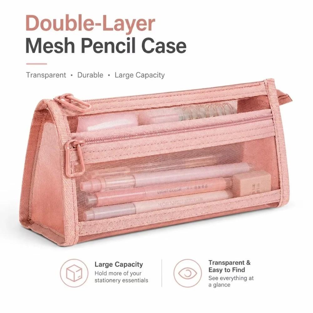 Transparent Mesh Transparent Pencil Pouch Double Layer Exam Stationery Bag Exam Supplies