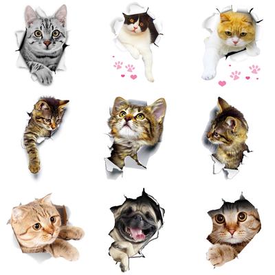 5PCS Cute Cats and Dogs Pet Animals Wall Art Stickers Vivid 3D Holes Interesting Cat and Dog Toilet Stickers DIY Home Decoration
