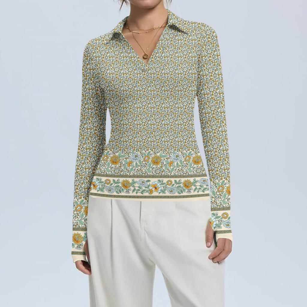 Damenmode Lässig Bedruckt V-Ausschnitt Langarm Knopfleiste Oberteil