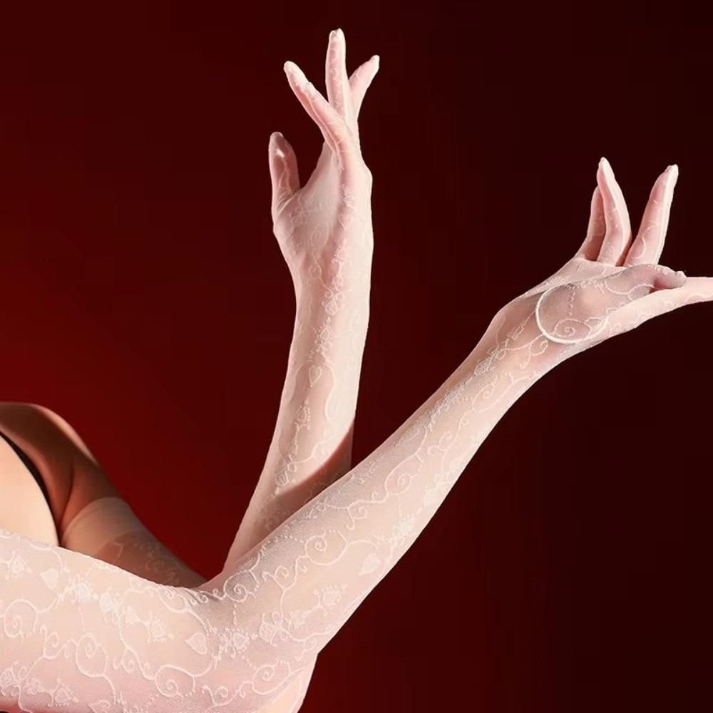 Sexy Oil Shiny Five-Finger Glove Floral Stocking Glove New Jacquard Glove for Women