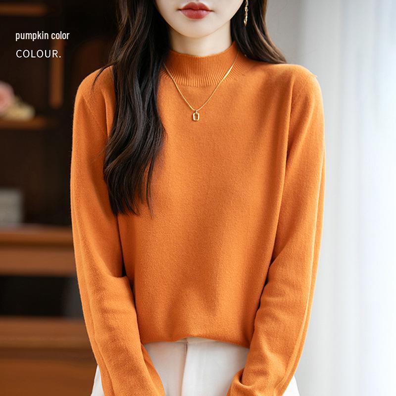 Elegant Autumn Velvet Knit Half-High Neck Sweater for Women - Long Sleeve, Loose Fit Pullover