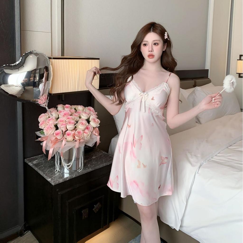 Sexy pajamas women's ice silk butterfly print beautiful back suspender nightdress new pure desire loungewear can be worn outside