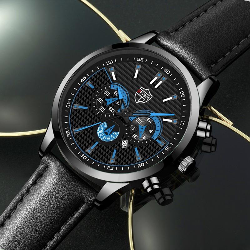 2PCS Set DEYROS Fashion Men's Watch Business Men's Leather Strap Calendar Watch Casual Men's Quartz Watch Men's Gifts