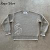 RogueWave Y2K Grey Long Sleeve Sweater Dollar Gothic Embroidery Pullover Retro Casual Streetwear Old Money Men Boxy Knitted Clothing
