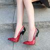 European Style Snake Print Color Block Pointed Toe Metal Thin Stiletto Plus Size Nightclub Women High Heels WZ-A16-6