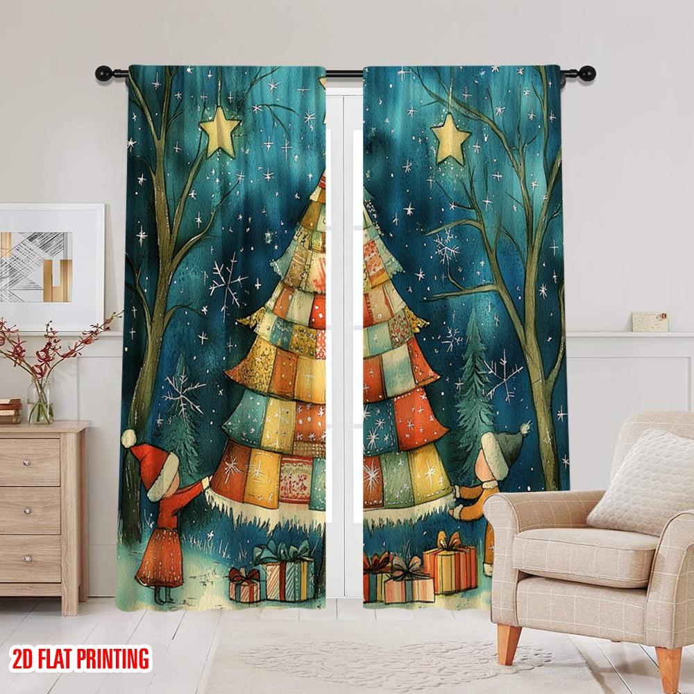 2pcs,2D plane printing Pattern Curtains Charming Festive Christmas Tree Scene (4) Versatile Durable Polyester (without rod)