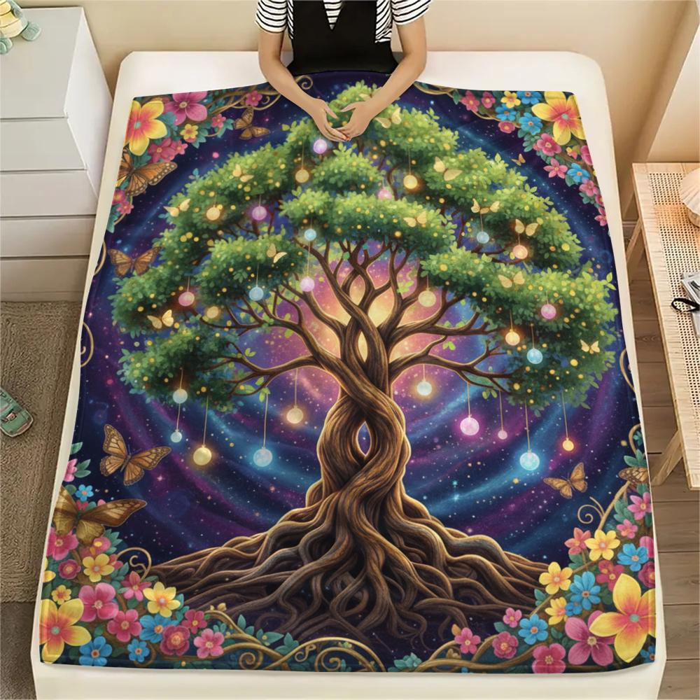 1PC Tree of Life Print Flannel Blanket, High quality All Seasons, Home Decor, Warmth and Comfort, Perfect for Christmas Gifts