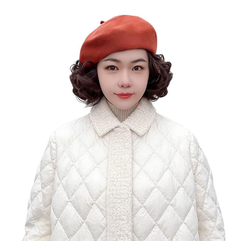 Autumn Winter With Curly Hair Beret Hat With Wig Warm Casual Wig Plain Cap Attached Wig French Artist Hat Women