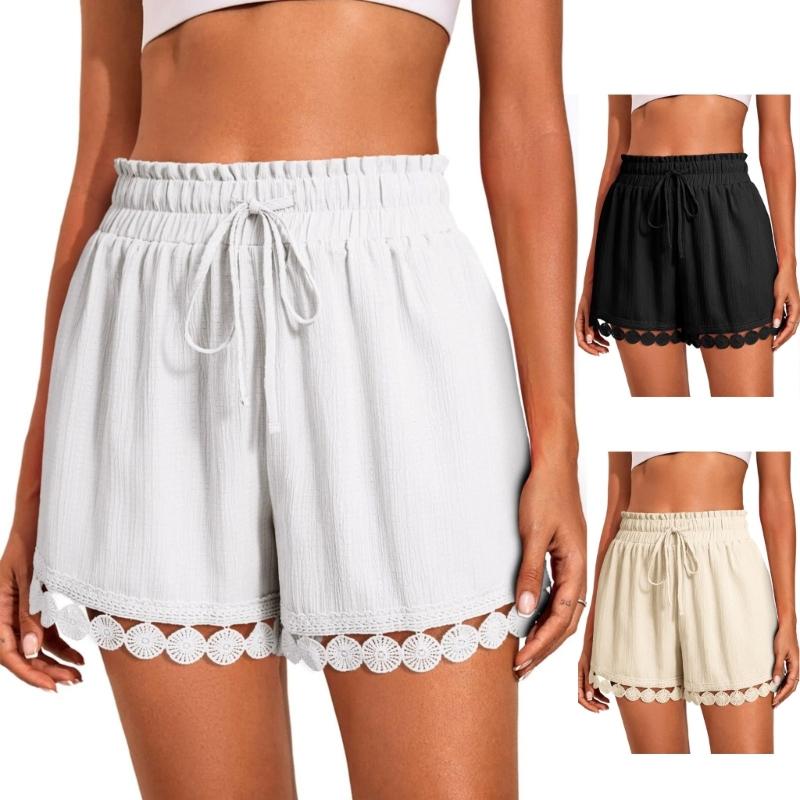 Women's Cotton Blend Lace Bohemian Shorts Adjustable Waist Comfort Wear For Beach Commuting S To 2XL Size