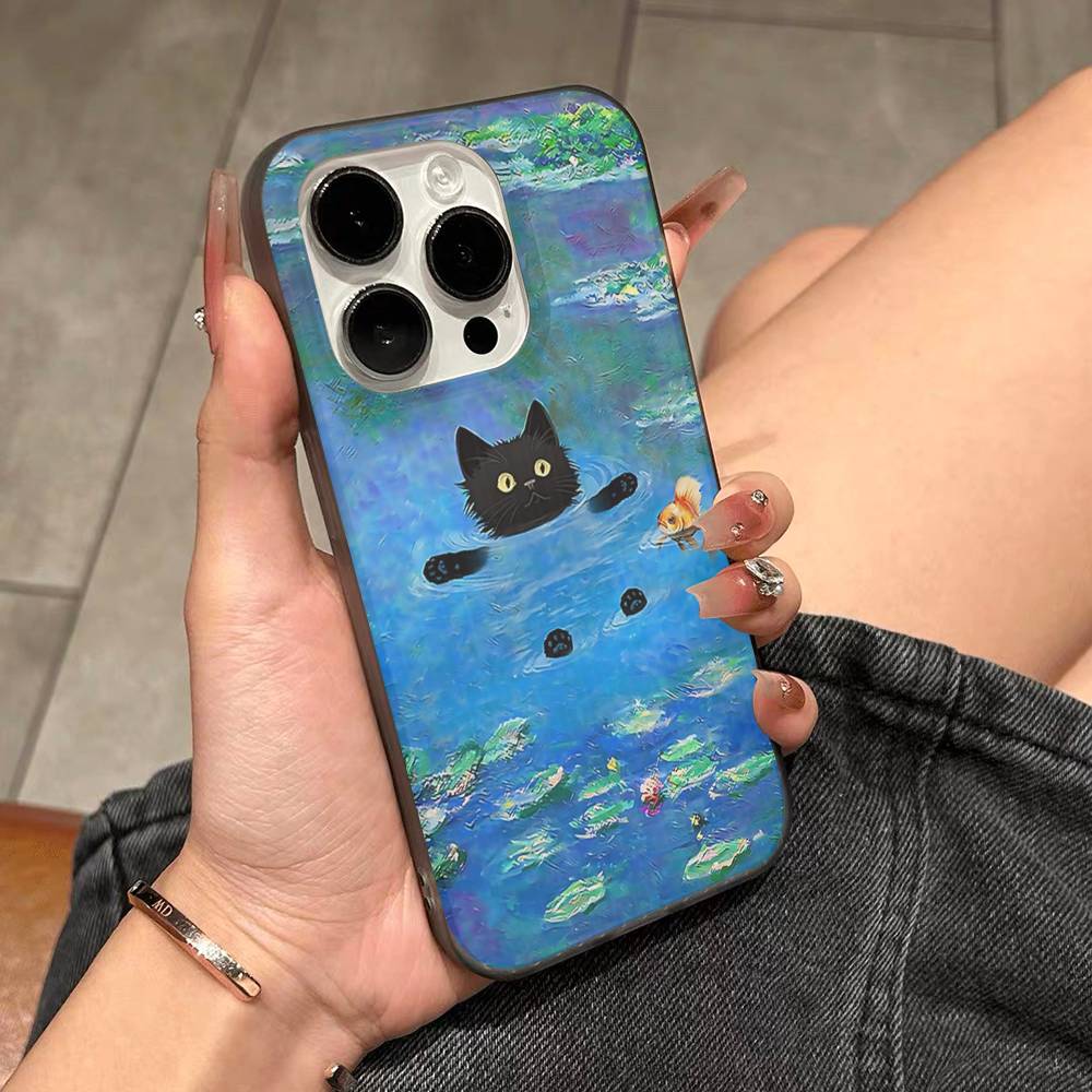 Funny Cats Van Gogh For IPhone 16 15 14 13 12 11 17 Pro Max Plus Wave Corrugated Phone Case Anti Drop Cover
