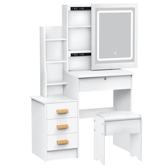 Makeup Mirror Desk Vanity with Sliding and Lights, Bedroom Dressing Table, Lighted Table Drawers & Shelves, Hidden Storage Space Dresser