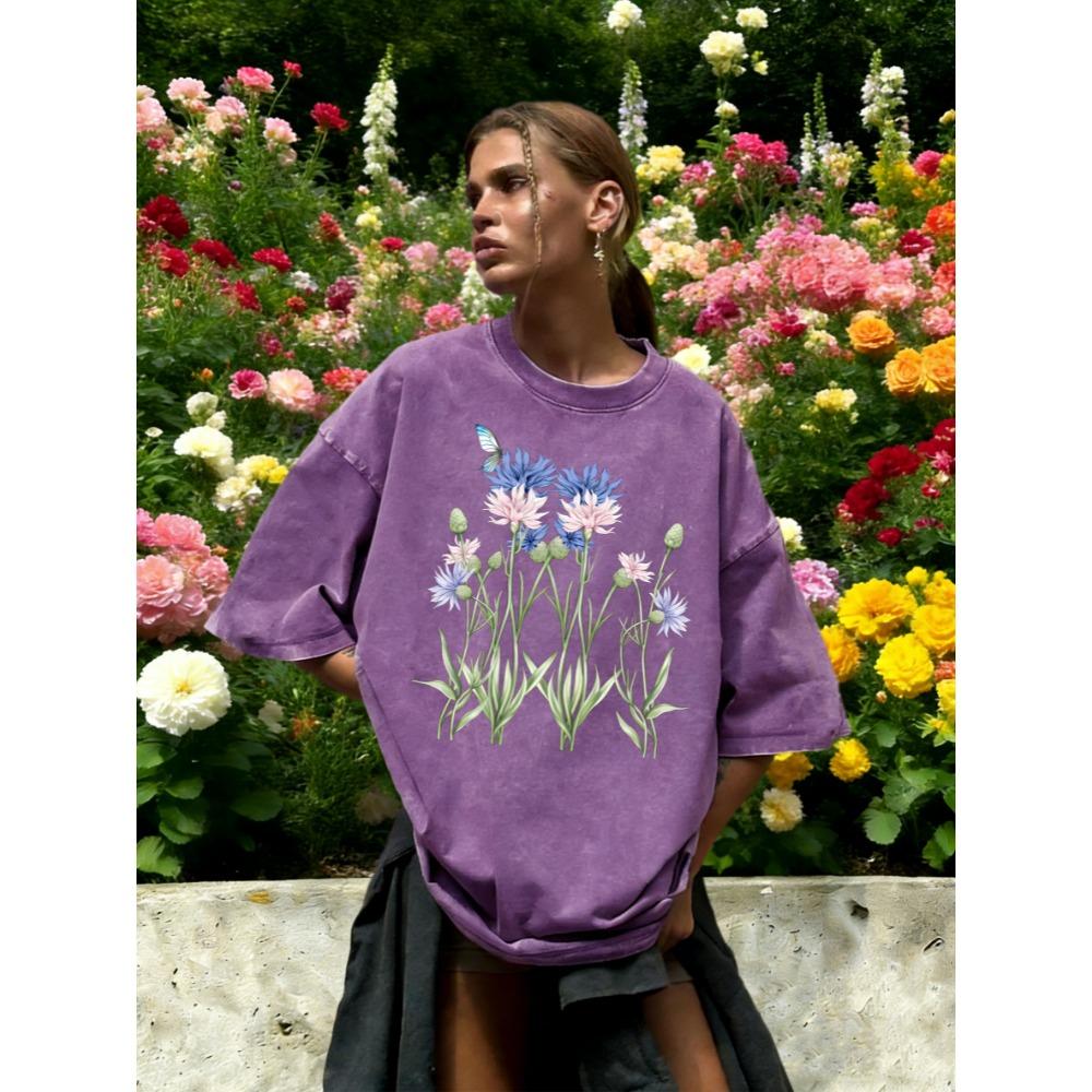 T-shirt Lavé pour Femme Imprimé Papillon Bleuet Artistique Été Ample T-shirt à Col Rond Vêtements en Coton
