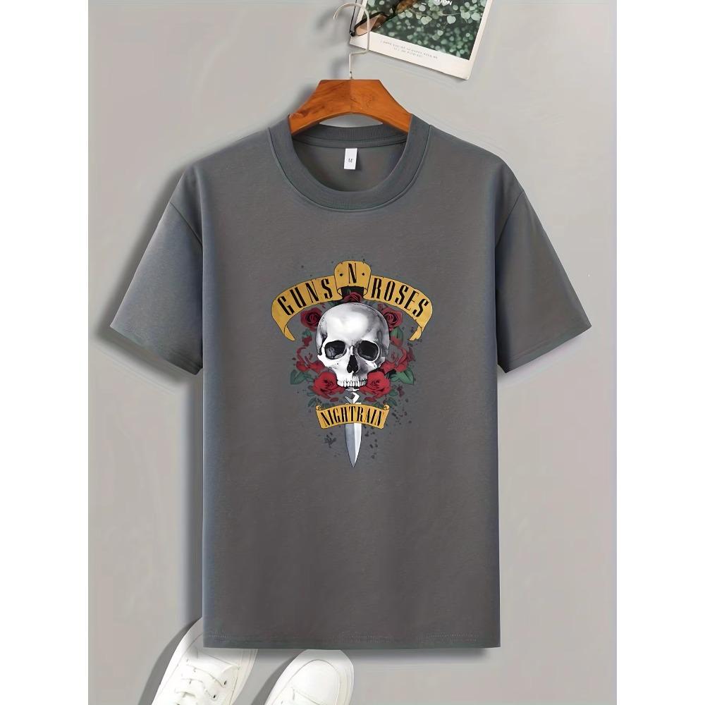 Skull & Rose Print, Men's Graphic Design Crew Neck T-shirt, Casual Comfy Tees Tshirts For Summer