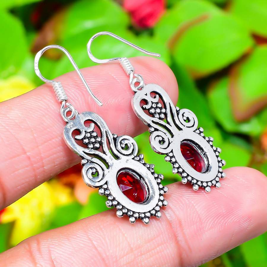Natural Mozambique Garnet Gemstone 925 Sterling Silver Earring 1.77" I6c30