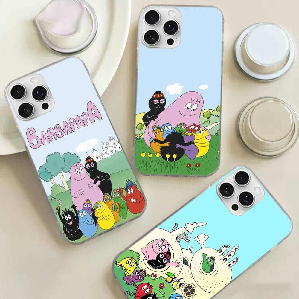Cute Cartoon Barbapapa Silver Gradient Pleated Water Ripple Phone Case for IPhone 17 16 15 14 13 12 11 Pro Max