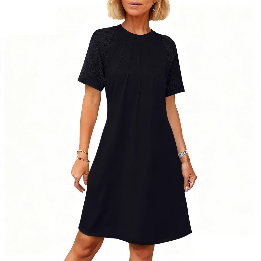 Women's Fashionable Casual  Hollowed-out Lace Short-sleeved Round Neck Pleated Dress