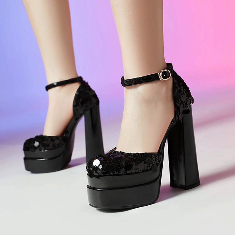 Mode Damen Neu Frühling/Sommer Nachtclub Echtes Leder Pailletten Elastisch Wasserdicht Plateau Bag Heel Großer Hoher Absatz Baotou Sandalen