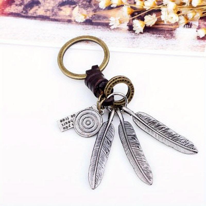 Vintage Pendant Hand Woven Leather Keychains for Men Car Key Chain Women Tassel Feather Keyring Charm Jewelry Friends Gift