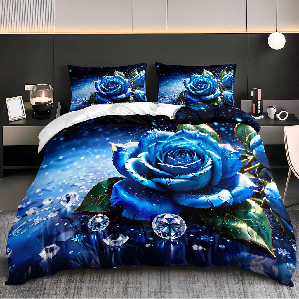 3pcs Luxury Blue Rose Bedding Duvet Cover Set Romantic Rose Bedding Quilt Set Floral Themed Bed Quilt Set Sparkling Diamonds