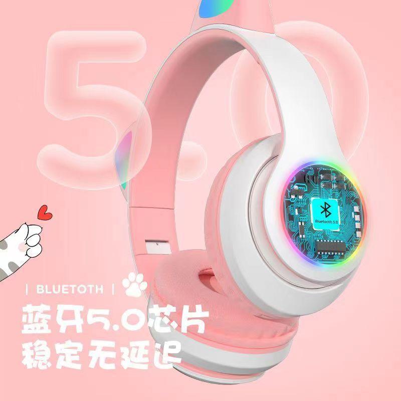 Cartoon luminous cat ear headset bluetooth headset wireless e-sports game headset for girls new