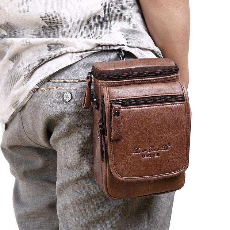 Men's Mobile Phone Bag Small Bag Mini Crossbody Bag Leather Mobile Phone Waist Bag with Belt Retro Cowhide 7-inch Bag