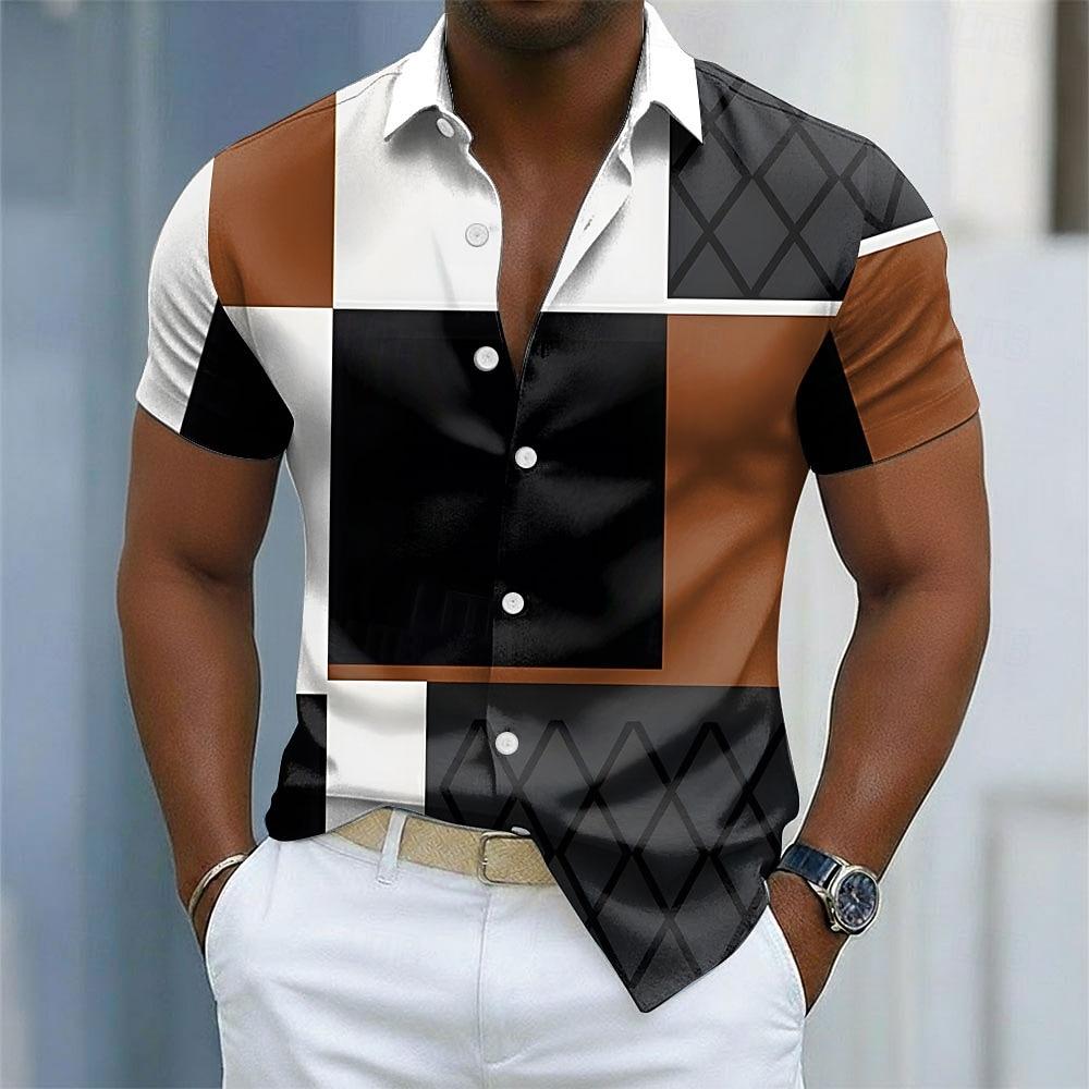 

Men s 3D Print Color Block Shirt, Casual Streetwear Short Sleeve Button Up S