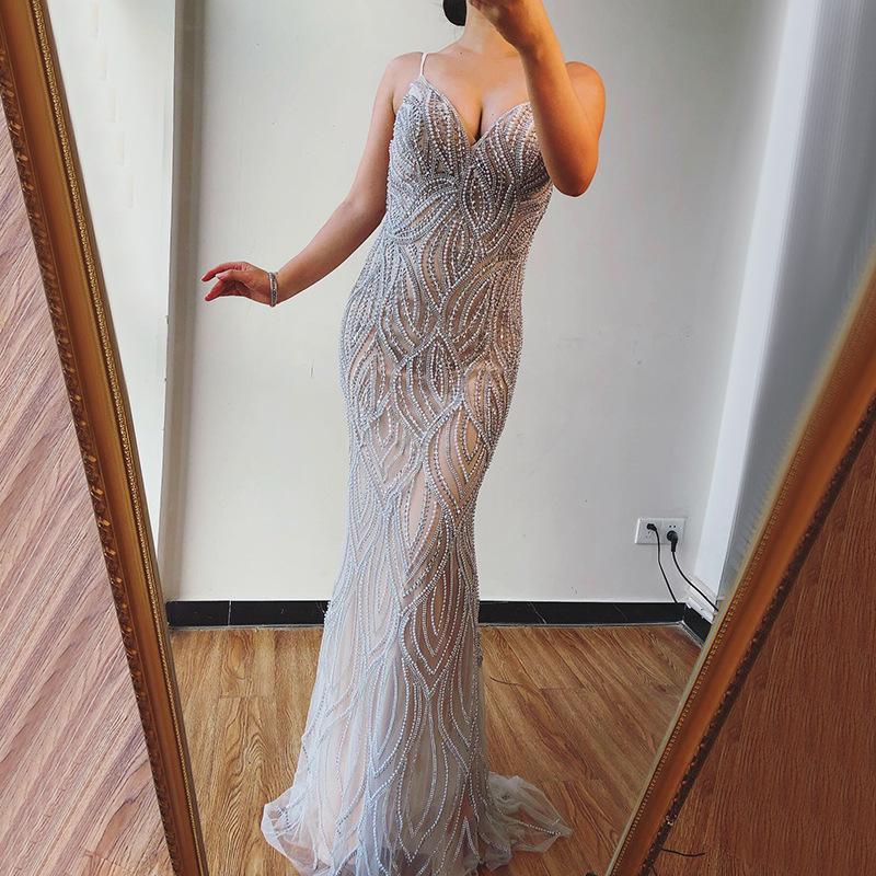 Serene hill white nude sexy suspender, slim beaded socialite banquet host dress LA10111